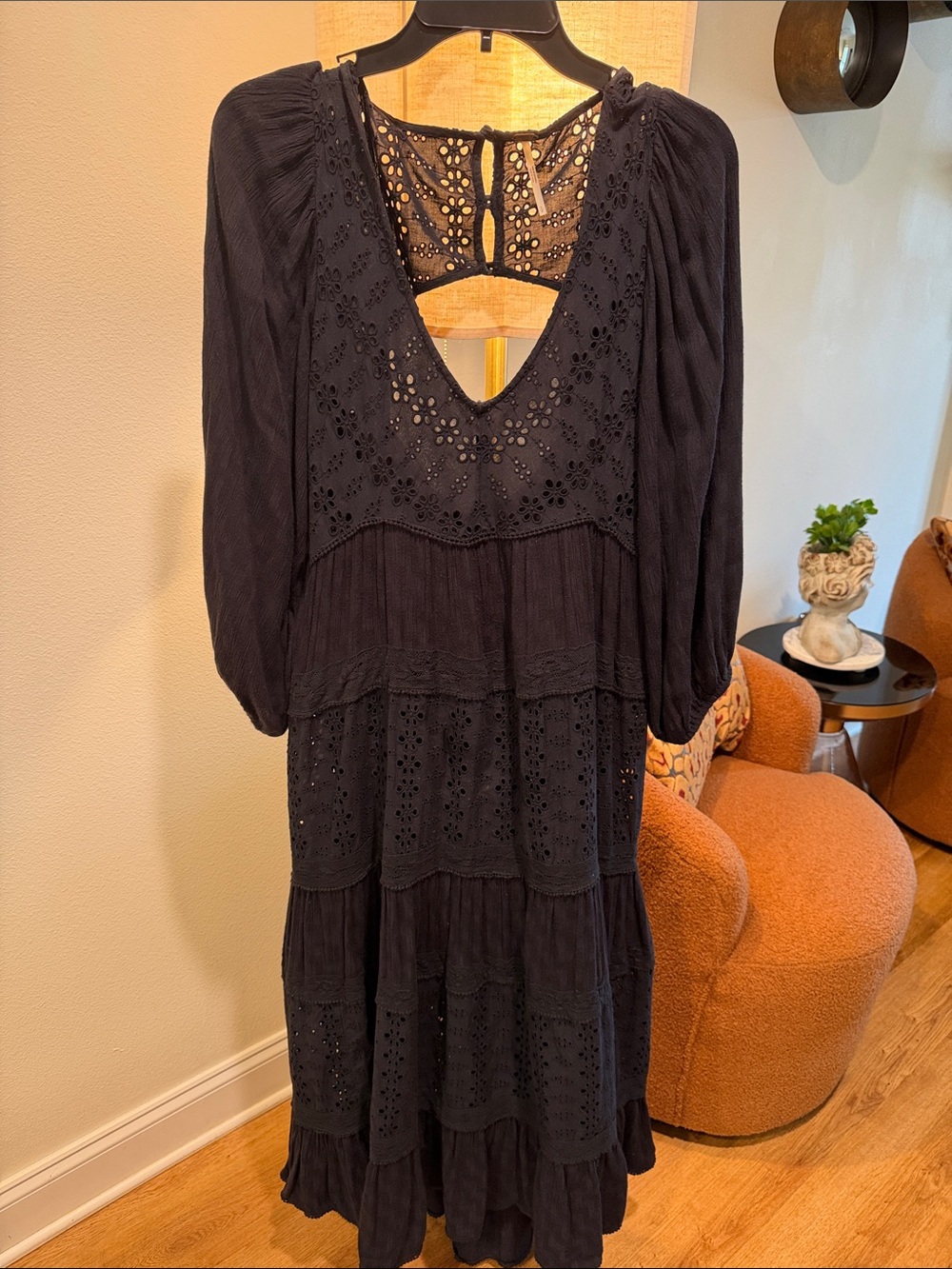 Free People Black Eyelet Tiered Midi Dress